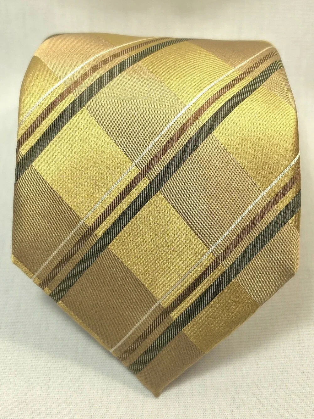 Geoffrey Beene Gold Cream Plaid Men's Tie with Green Stripes
